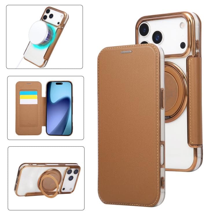 For iPhone 17 Pro Max Ultra-thin Rotation Holder Magnetic Plating Vegan Leather Phone Case(Brown)