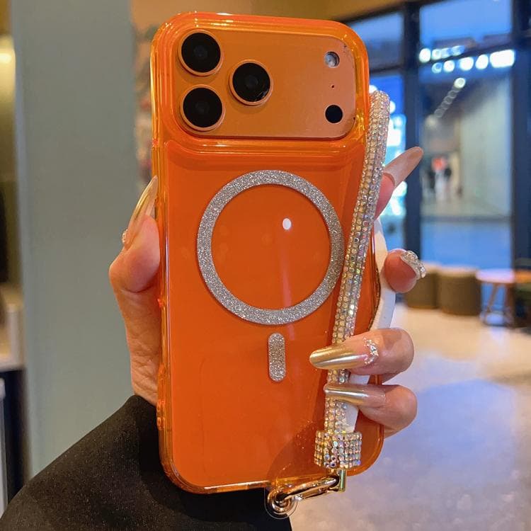 For iPhone 17 Pro Max UTRYEE Glitter Magnetic Ring Phone Case with Rhinestone Wrist Strap(Orange) - Immagine 1
