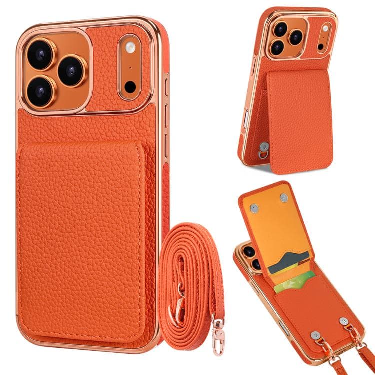 For iPhone 17 Pro Max VIETAO Litchi Texture Wallet PU Phone Case with Lanyard(Orange) - Immagine 1