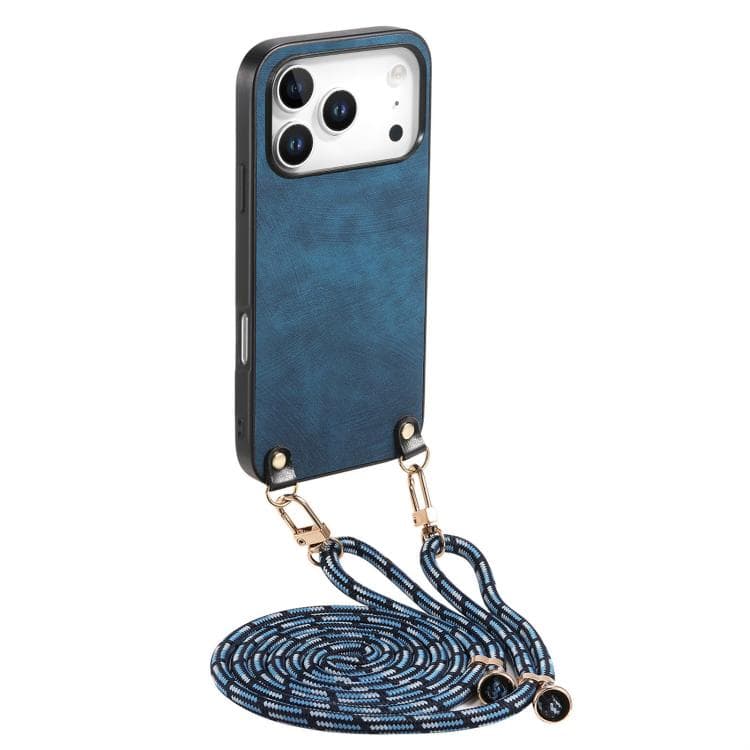 For iPhone 17 Pro Max Vintage Leather PC Back Cover Phone Case with Crossbody Strap(Blue) - Immagine 1