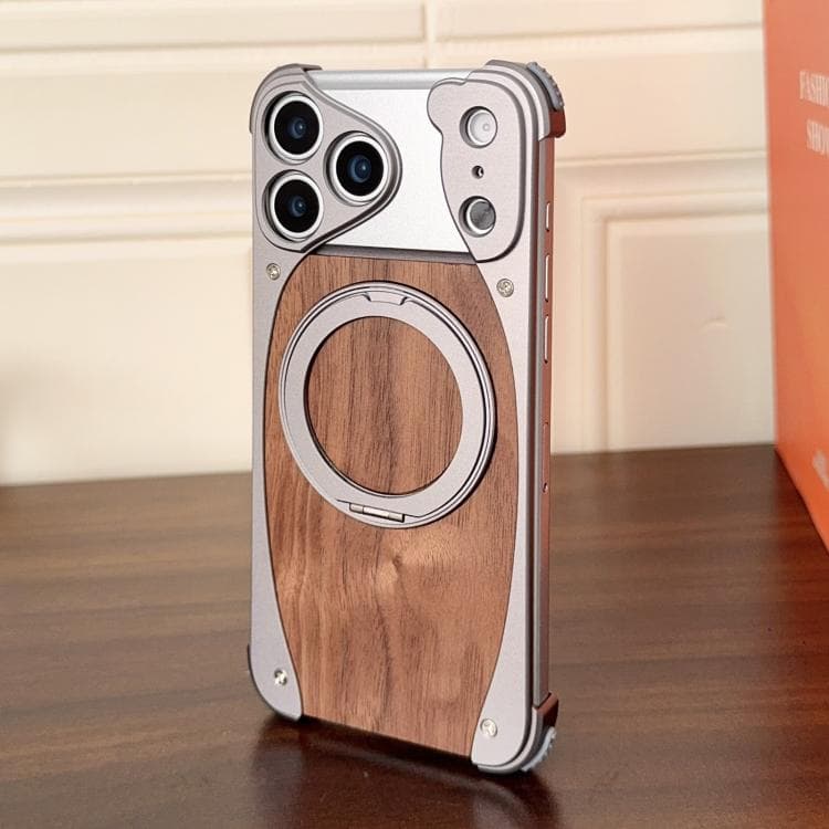 For iPhone 17 Pro Max Walnut Metal Frameless 360 Degree Rotation Holder MagSafe Phone Case(Titanium Color) - Immagine 1