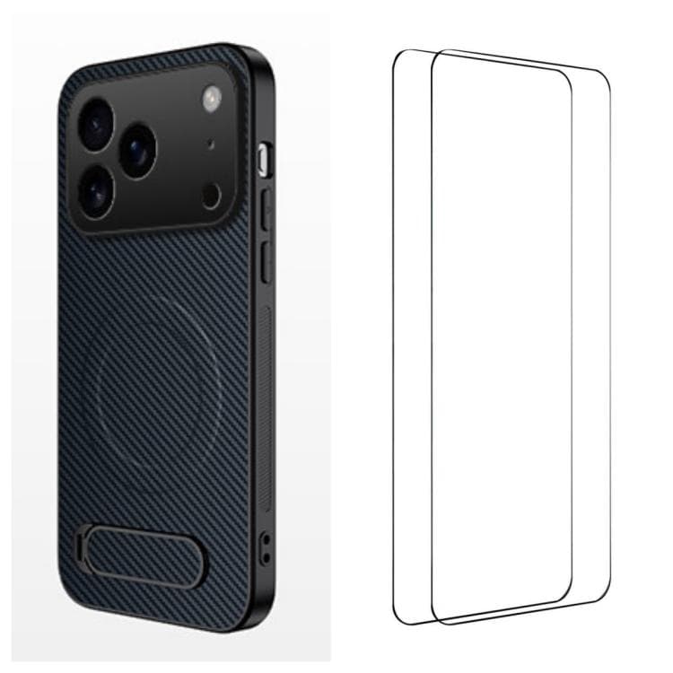 For iPhone 17 Pro Max WANLONFENG Kickstand Carbon Fiber Texture Magnetic Phone Case with 2pcs Screen Films(Sapphire Blue) - Immagine 1