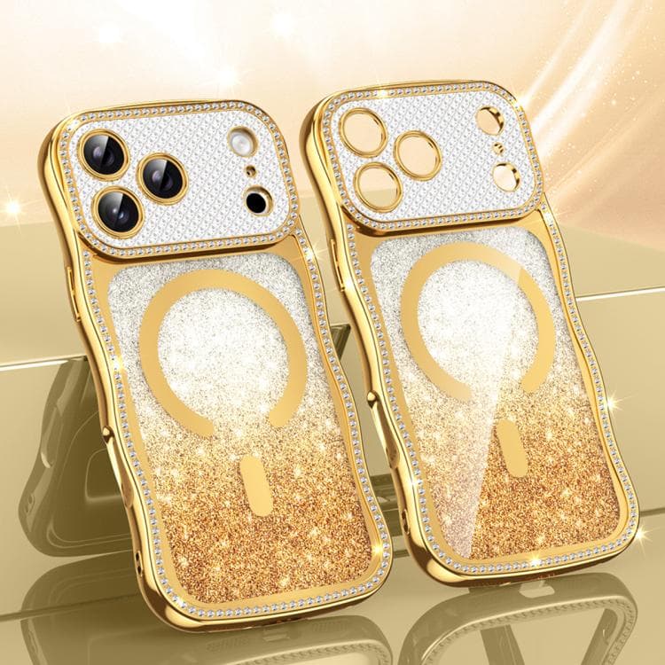 For iPhone 17 Pro Max Wavy Frame Star Diamond Electroplate TPU Glitter Magnetic Phone Case(Gradient Gold) - Immagine 1