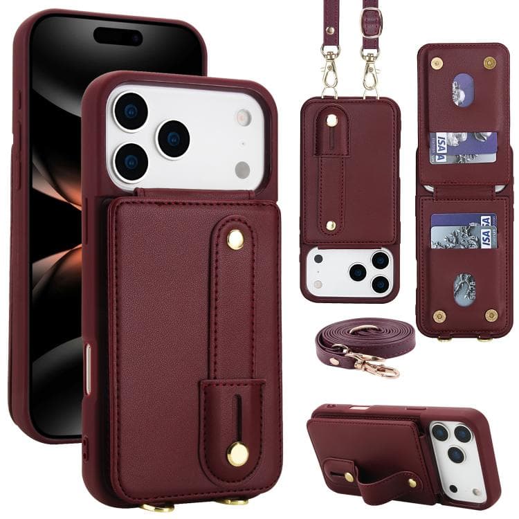 For iPhone 17 Pro Max Wristband Vertical Flip Wallet Back Cover Phone Case with Long Lanyard(Wine Red) - Immagine 1