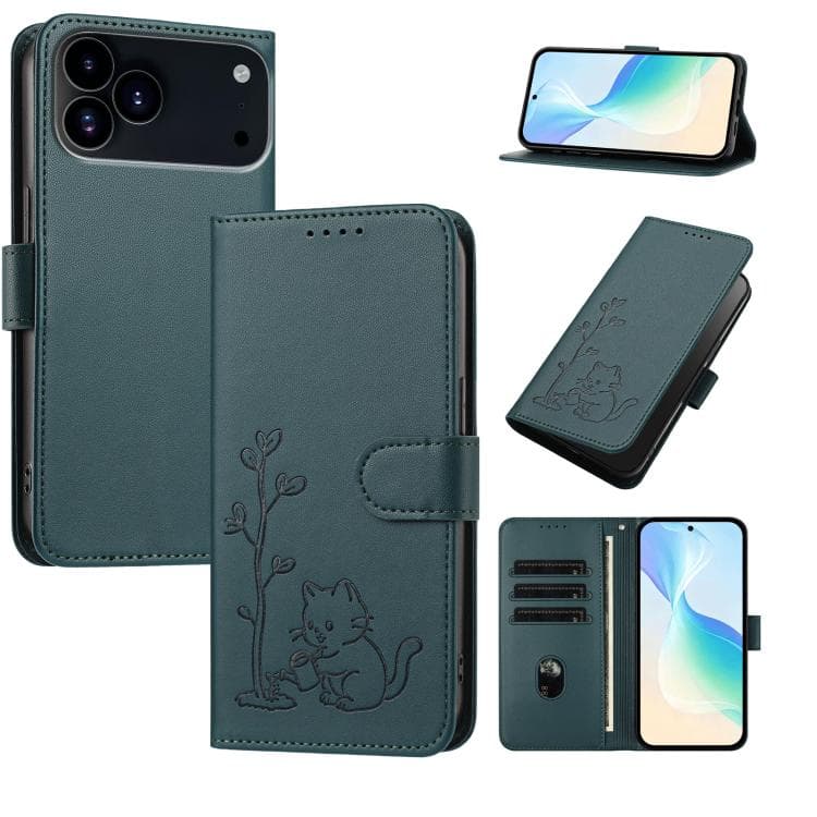 For iPhone 17 Pro Max YX0014 Cat Watering Tree Buckle Vegan Leather Phone Case with Lanyard(Dark Green) - Immagine 1