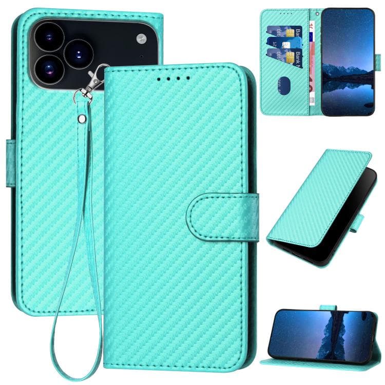 For iPhone 17 Pro Max YX0070 Carbon Fiber Buckle Leather Phone Case with Lanyard(Light Blue) - Immagine 1