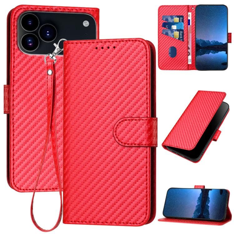 For iPhone 17 Pro Max YX0070 Carbon Fiber Buckle Leather Phone Case with Lanyard(Red) - Immagine 1