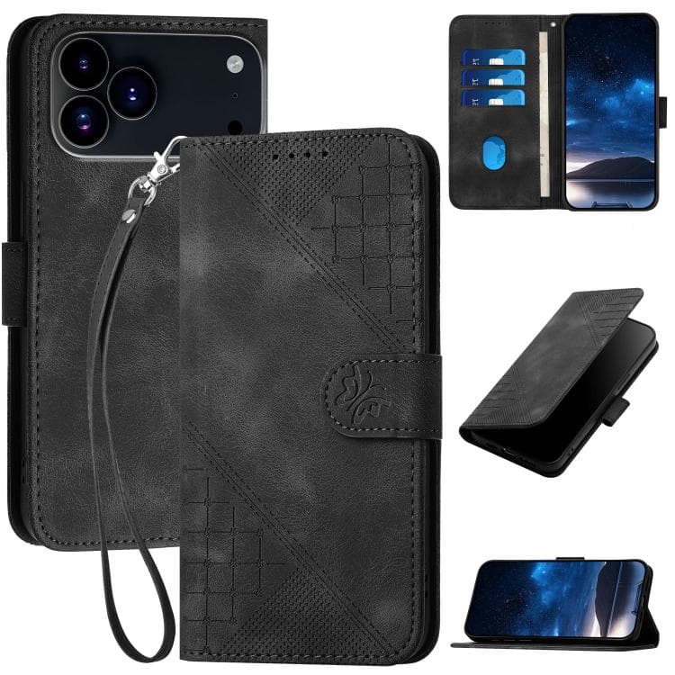 For iPhone 17 Pro Max YX0080 Grid Butterfly Embossed Pattern Flip Leather Phone Case with Lanyard(Black) - Immagine 1