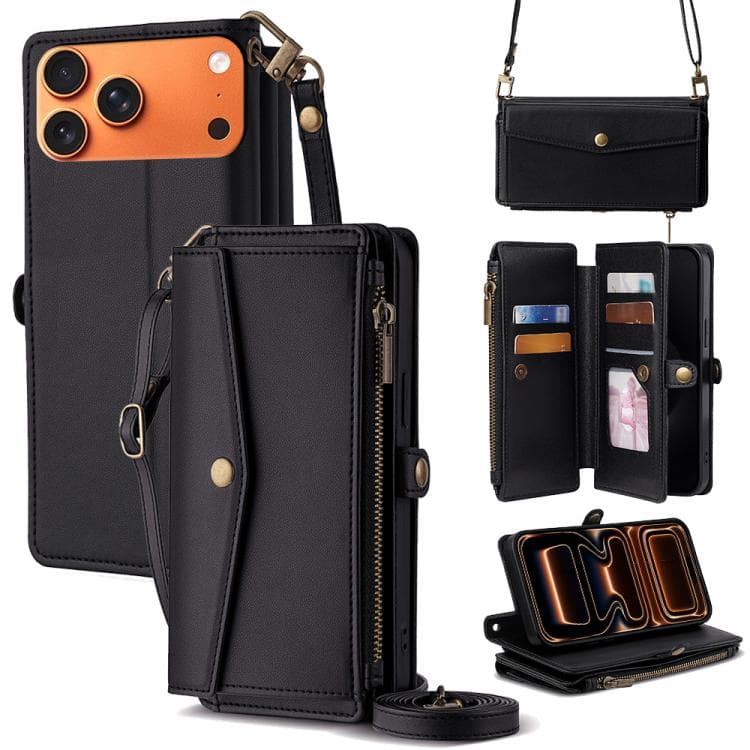 For iPhone 17 Pro Max Zipper Wallet Side Buckle Crossbody Lanyard Leather Phone Case(Black) - Immagine 1