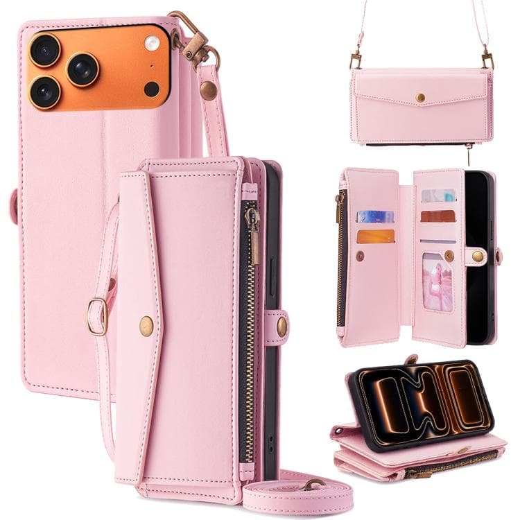 For iPhone 17 Pro Max Zipper Wallet Side Buckle Crossbody Lanyard Leather Phone Case(Rose Gold) - Immagine 1