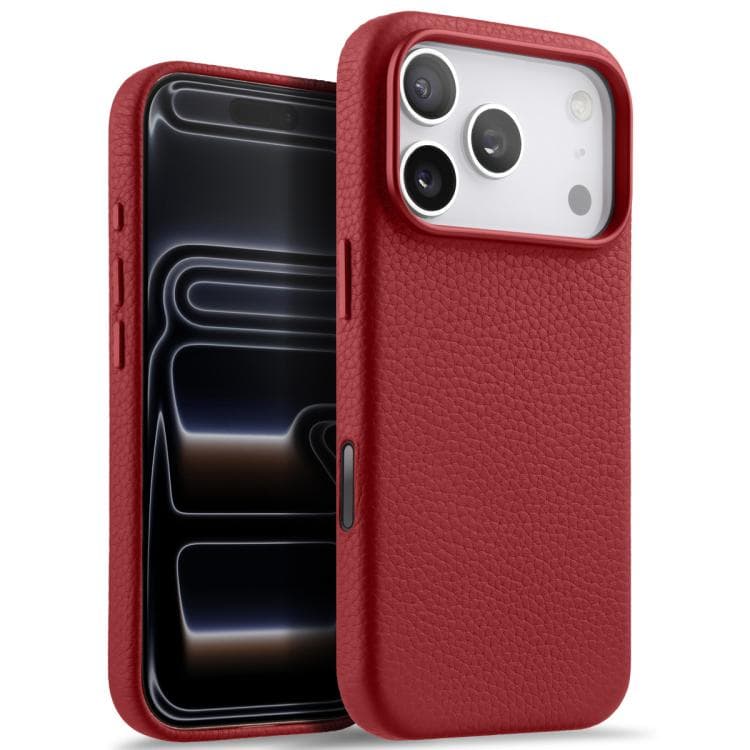 Per iPhone 17 Pro melkco Custodia in pelle genuina con texture litchi, copertura totale, con pulsante AI (Rosso) - Immagine 1