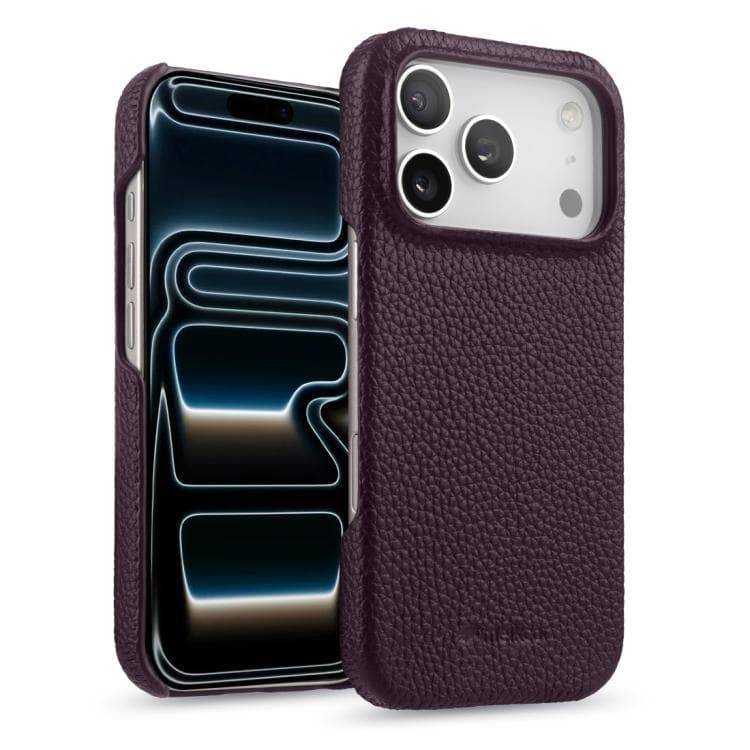 Per iPhone 17 Pro melkco Custodia in pelle genuina a metà copertura con texture litchi e magnete (Viola scuro) - Immagine 1
