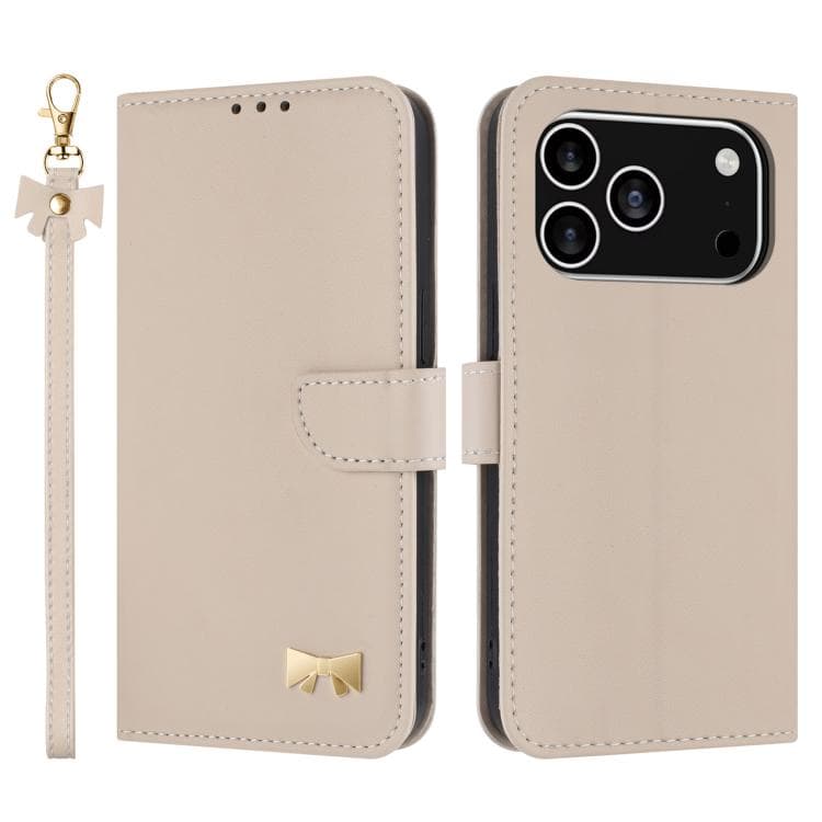 For iPhone 17 Pro Metal Bow Leather Phone Case with Hand Strap(Apricot) - Immagine 1