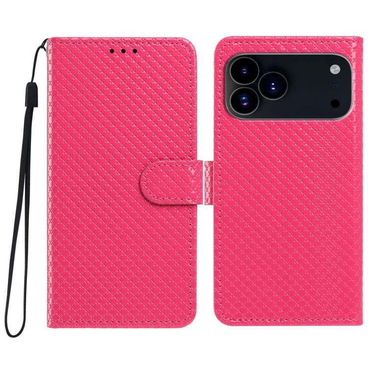 For iPhone 17 Pro Mirrored Buckle Vegan Leather Phone Case with Small Black Cord(Rose Red) - Immagine 1