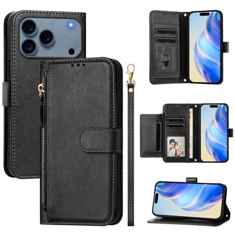 For iPhone 17 Pro Multi-Card Slots Zipper Wallet Leather Phone Case(Black) - Immagine 1
