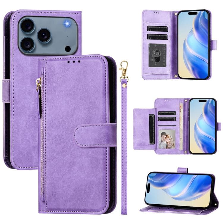 For iPhone 17 Pro Multi-Card Slots Zipper Wallet Leather Phone Case(Purple) - Immagine 1
