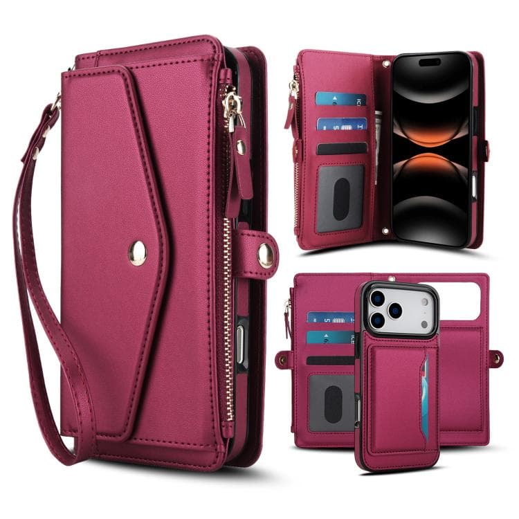For iPhone 17 Pro Multifunctional Wallet Detachable Leather Phone Case with Lanyard(Red) - Immagine 1