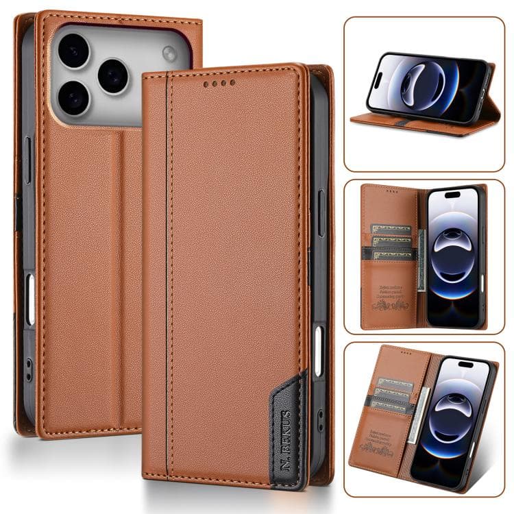 For iPhone 17 Pro N.BEKUS P3 RFID Stitching Magnetic Flip Leather Phone Case(Brown) - Immagine 1