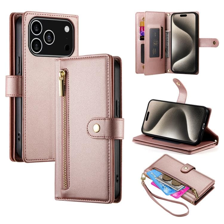 For iPhone 17 Pro Nine Card-slot Zipper Wallet Bag Leather Phone Case(Pink) - Immagine 1