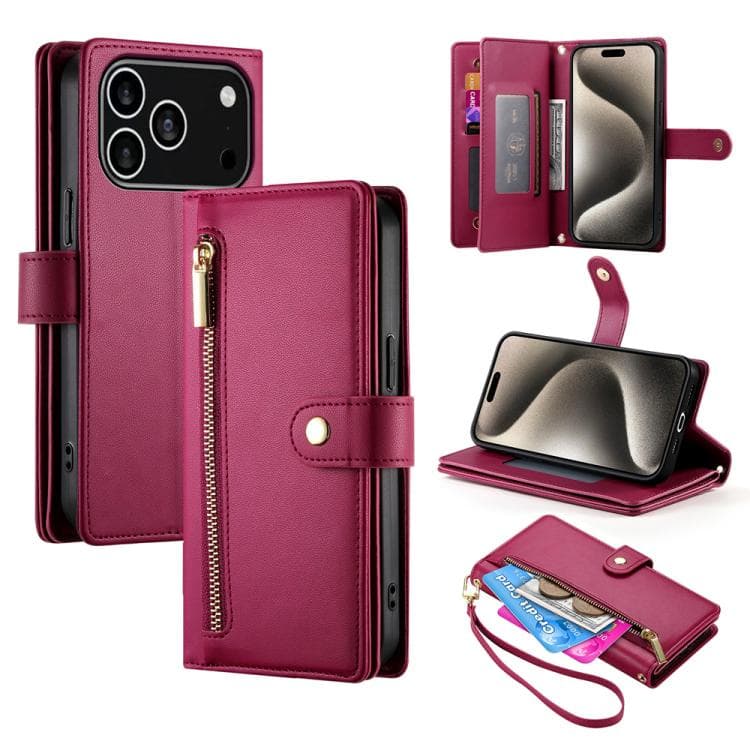 For iPhone 17 Pro Nine Card-slot Zipper Wallet Bag Leather Phone Case(Red) - Immagine 1