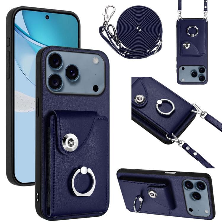 For iPhone 17 Pro Organ Card Bag Ring Holder Phone Case with Long Lanyard(Blue) - Immagine 1