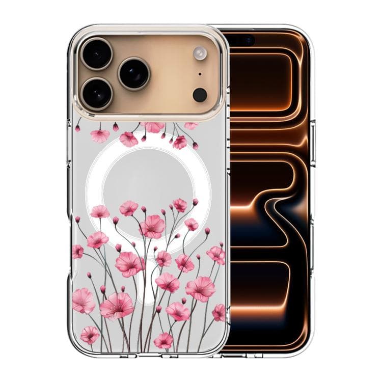 For iPhone 17 Pro Pattern Printing TPU + PC Magnetic Shockproof Phone Case(Pink Flower 035) - Immagine 1