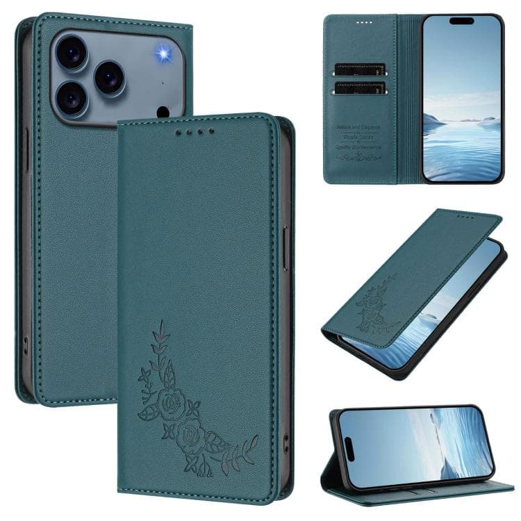 For iPhone 17 Pro Peony Embossed Magnetic RFID Vegan Leather Phone Case(Peacock Green) - Immagine 1