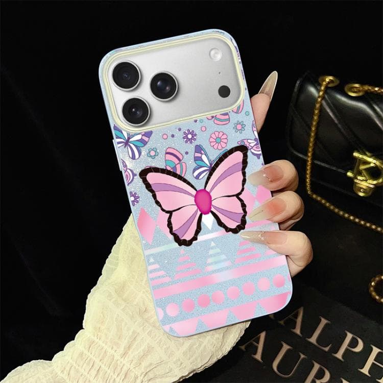 For iPhone 17 Pro Pink Butterfly Pattern IMD Glitter PC Hybrid TPU Phone Case(Blue) - Immagine 1