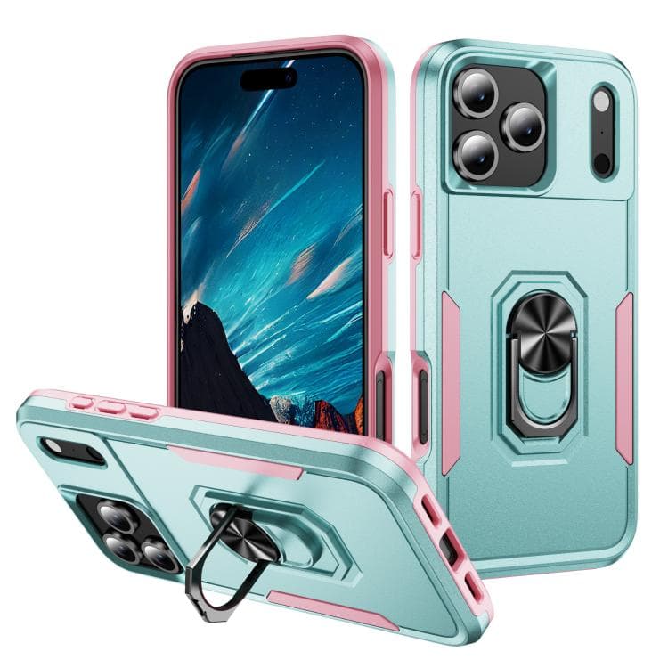 For iPhone 17 Pro Pioneer Armor Heavy Duty PC + TPU Phone Case with Holder(Green+Pink) - Immagine 1