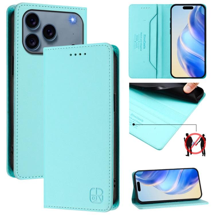For iPhone 17 Pro RC01 Dual-Folded Magnetic Suction RFID Leather Phone Case(Mint Green) - Immagine 1
