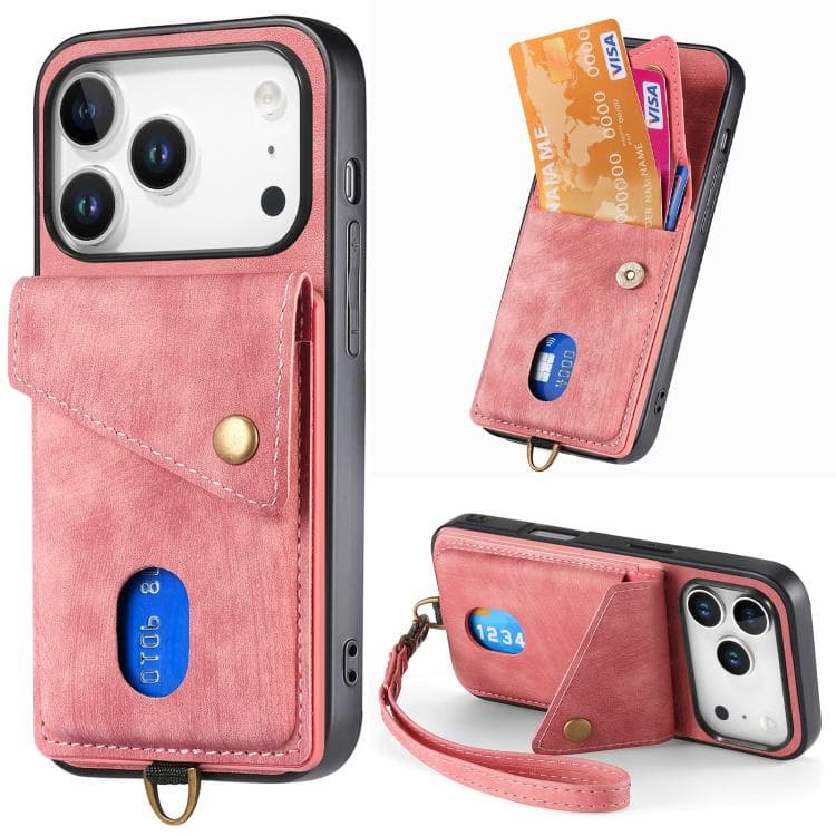 For iPhone 17 Pro Retro Card Wallet Fold Leather Phone Case with Strap(Pink) - Immagine 1