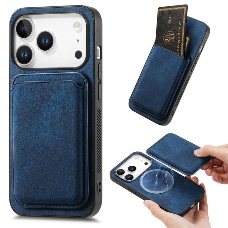 For iPhone 17 Pro Retro Leather Card Bag Magnetic Phone Case(Blue) - Immagine 1