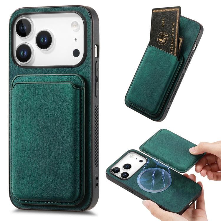 For iPhone 17 Pro Retro Leather Card Bag Magnetic Phone Case(Green) - Immagine 1
