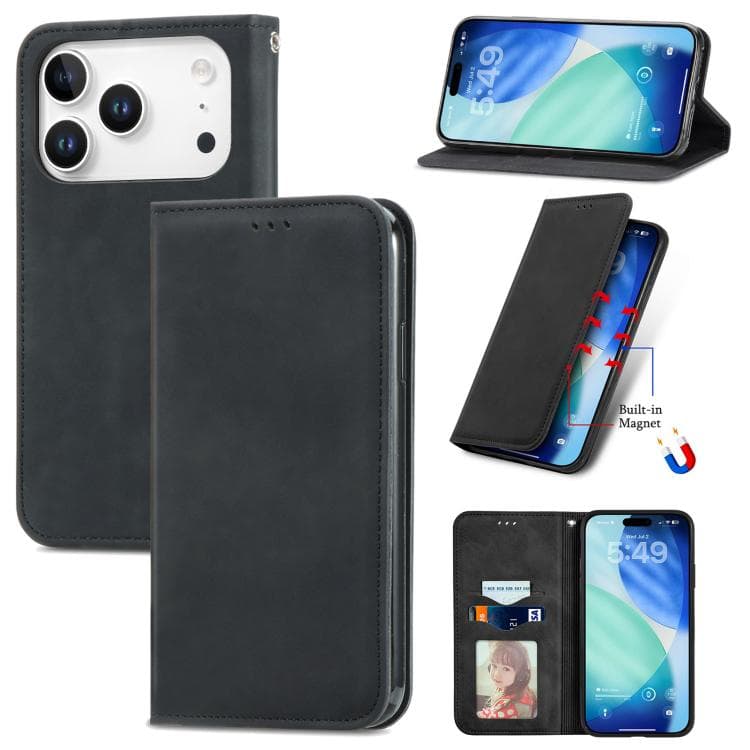 For iPhone 17 Pro Retro Skin Feel Magnetic Flip Leather Phone Case(Black) - Immagine 1