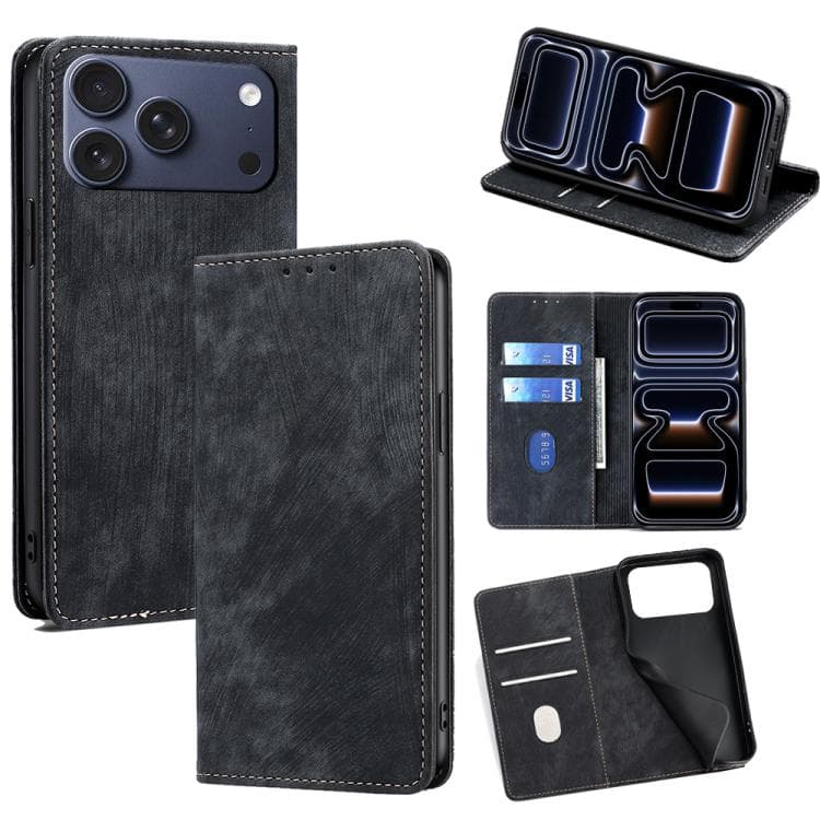 For iPhone 17 Pro RFID Anti-theft Brush Magnetic Leather Phone Case(Black) - Immagine 1