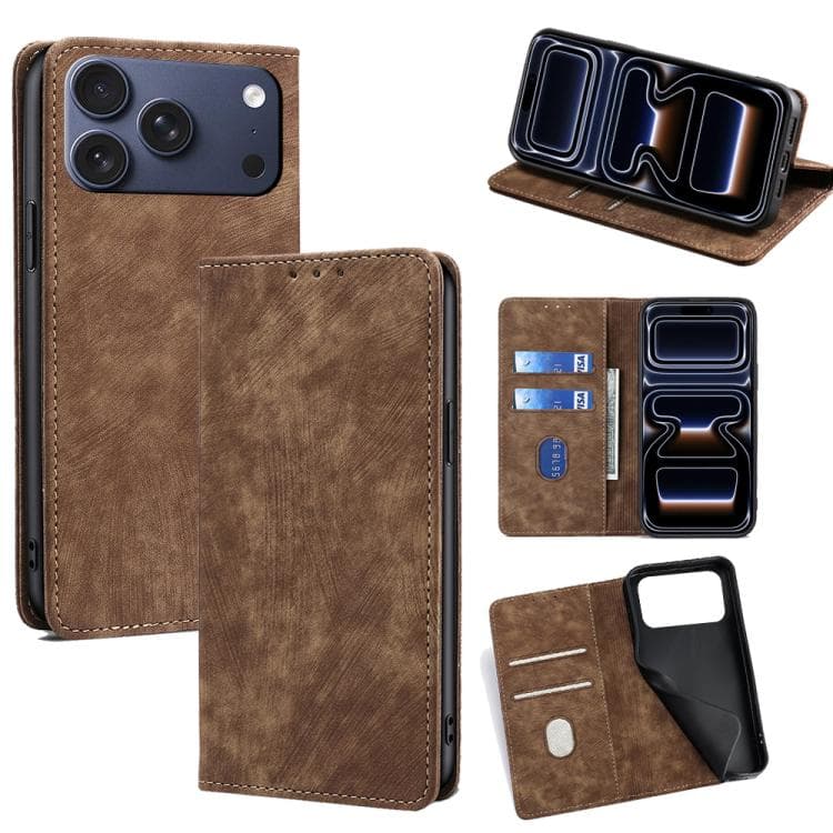 For iPhone 17 Pro RFID Anti-theft Brush Magnetic Leather Phone Case(Brown) - Immagine 1