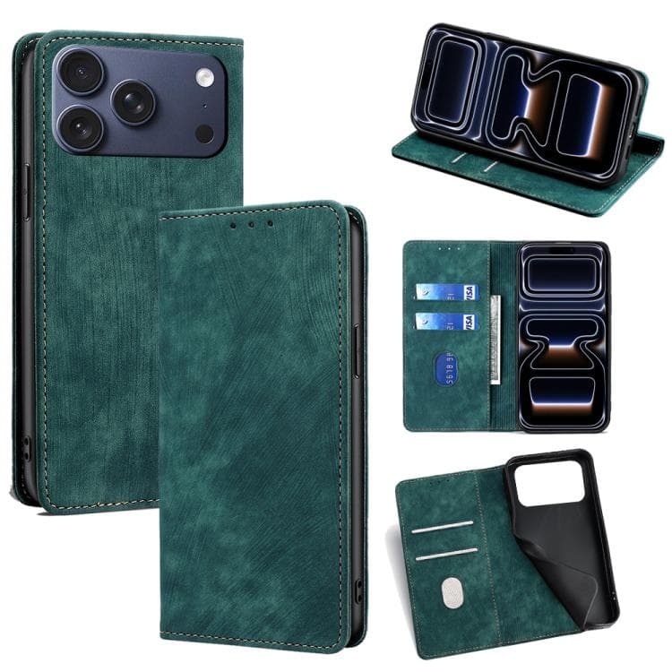 For iPhone 17 Pro RFID Anti-theft Brush Magnetic Leather Phone Case(Green) - Immagine 1