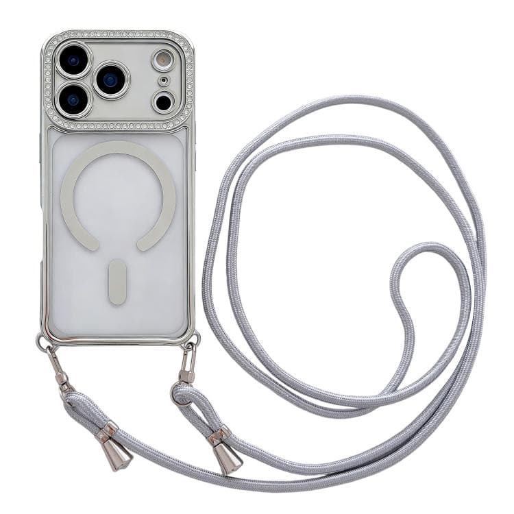 For iPhone 17 Pro Rhinestone Clear Acrylic Electroplated Magnetic Phone Case with Neck Lanyard(Silver) - Immagine 1