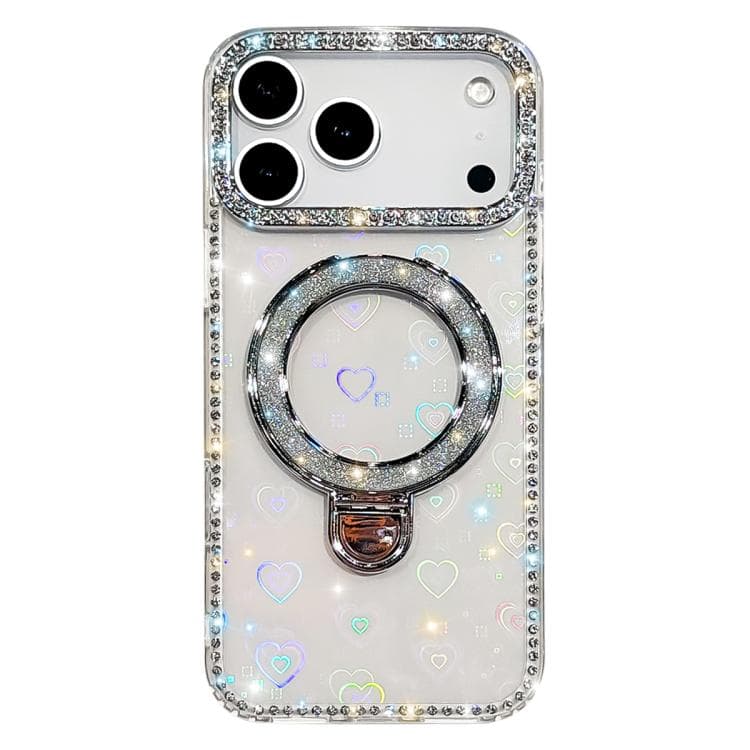 For iPhone 17 Pro Rhinestone Glitter Kickstand Dual-side IMD Phone Case(Heart Transparent) - Immagine 1
