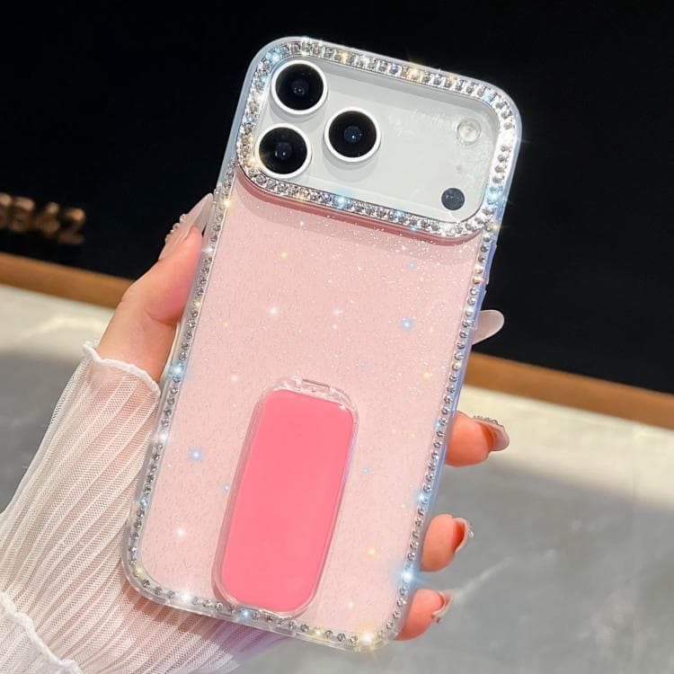 For iPhone 17 Pro Rhinestone Glitter TPU 4-corners Anti-fall Phone Case with Holder(Light Pink) - Immagine 1