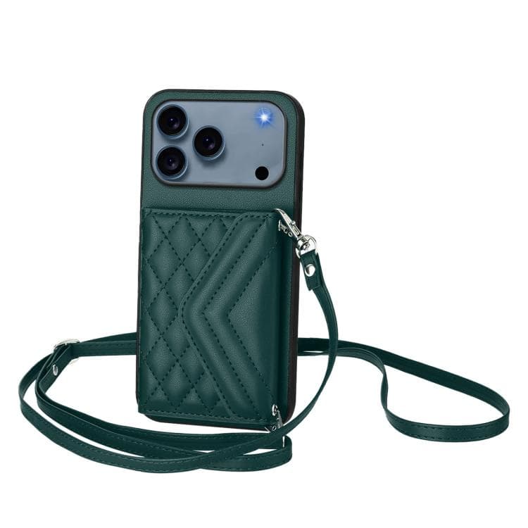 For iPhone 17 Pro Rhombic Texture Card Bag RFID Phone Case with Long Lanyard(Green) - Immagine 1