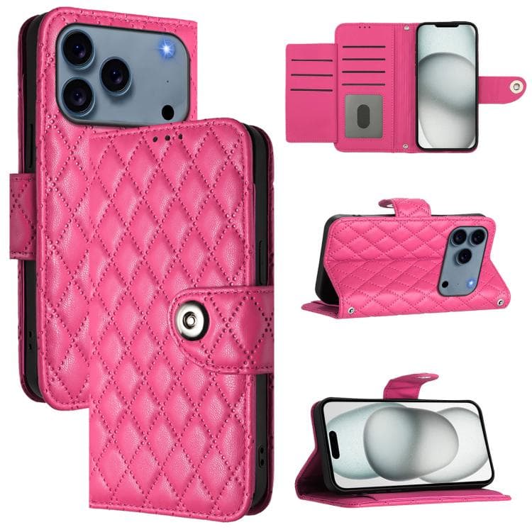 For iPhone 17 Pro Rhombic Texture Flip Leather Phone Case with Lanyard(Rose Red) - Immagine 1