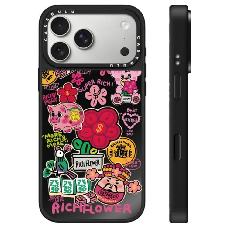 For iPhone 17 Pro Rich Flower Series Pattern Camera Control Button Mirror Phone Case(God of Wealth Black) - Immagine 1