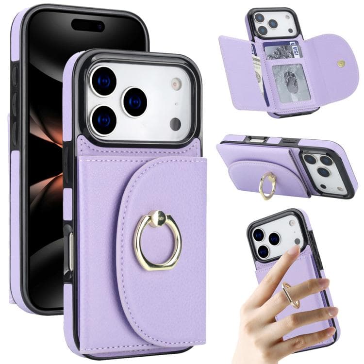 For iPhone 17 Pro Ring Holder Card Bag Skin Feel Phone Case(Purple) - Immagine 1