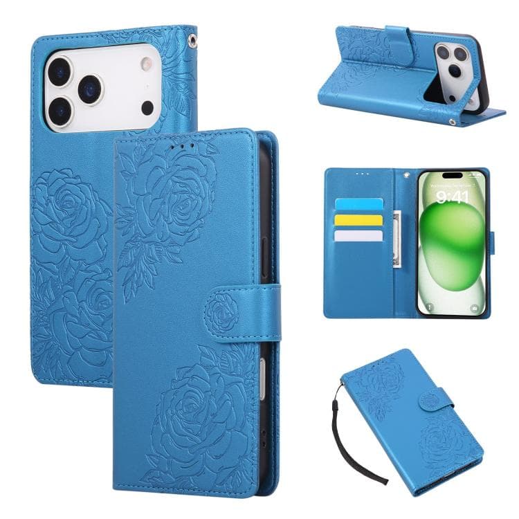 For iPhone 17 Pro Rose Flower Embossed 3-Card Slots Leather Phone Case(Blue) - Immagine 1
