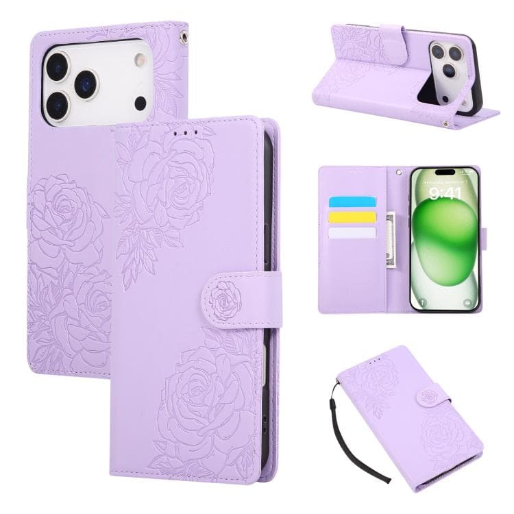 For iPhone 17 Pro Rose Flower Embossed 3-Card Slots Leather Phone Case(Purple) - Immagine 1