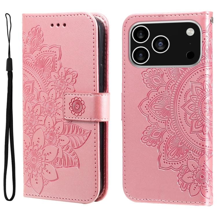 Fodero in pelle con fiori a sette petali per iPhone 17 Pro (Rosa Oro) - Immagine 1