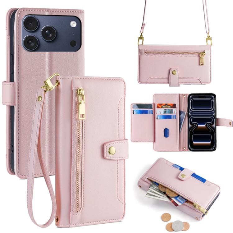 For iPhone 17 Pro Sheep Texture Cross-body Zipper Wallet Leather Phone Case(Pink) - Immagine 1