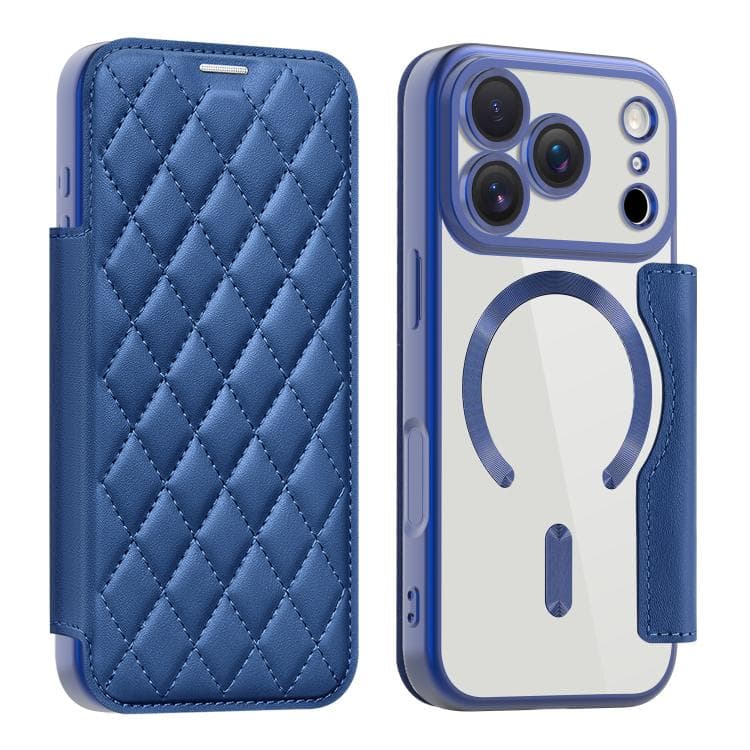 For iPhone 17 Pro Shield Magsafe RFID Anti-theft Rhombus Leather Phone Case(Dark Blue) - Immagine 1
