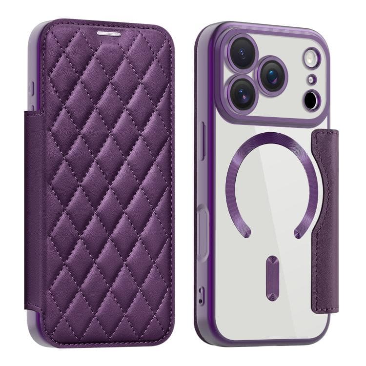 For iPhone 17 Pro Shield Magsafe RFID Anti-theft Rhombus Leather Phone Case(Purple) - Immagine 1
